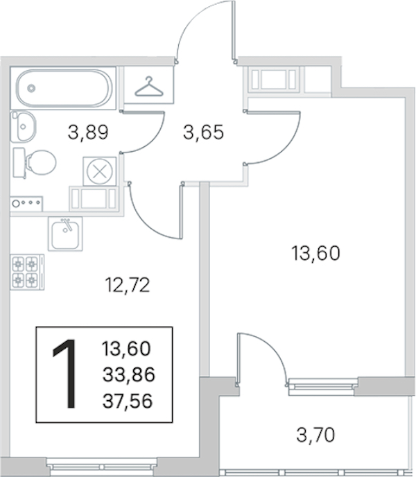 1-комнатная квартира 33.86 м², 4/4 эт., ЖК «Любоград в Стрельне»